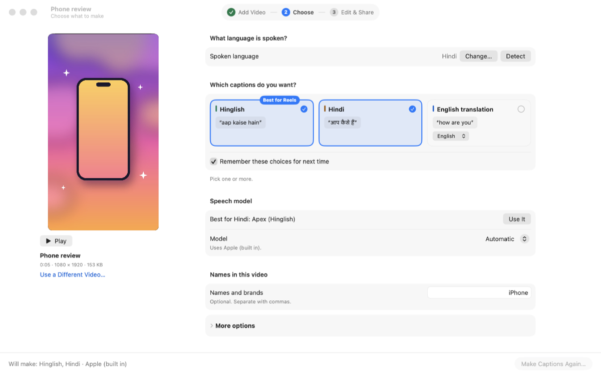 The Choose step. Hindi is detected as the spoken language, with Hinglish and Hindi caption cards selected and English translation available. A Names and brands field contains iPhone.