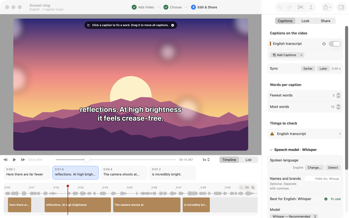 The editor in light mode. A sunset vlog shows the caption “reflections. At high brightness it feels crease-free.” above a timeline of captions, with a Sync control in the side panel.