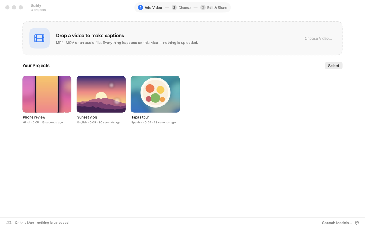 Subly home screen with a drop area for a video and a grid of three projects: Phone review, Sunset vlog and Tapas tour.